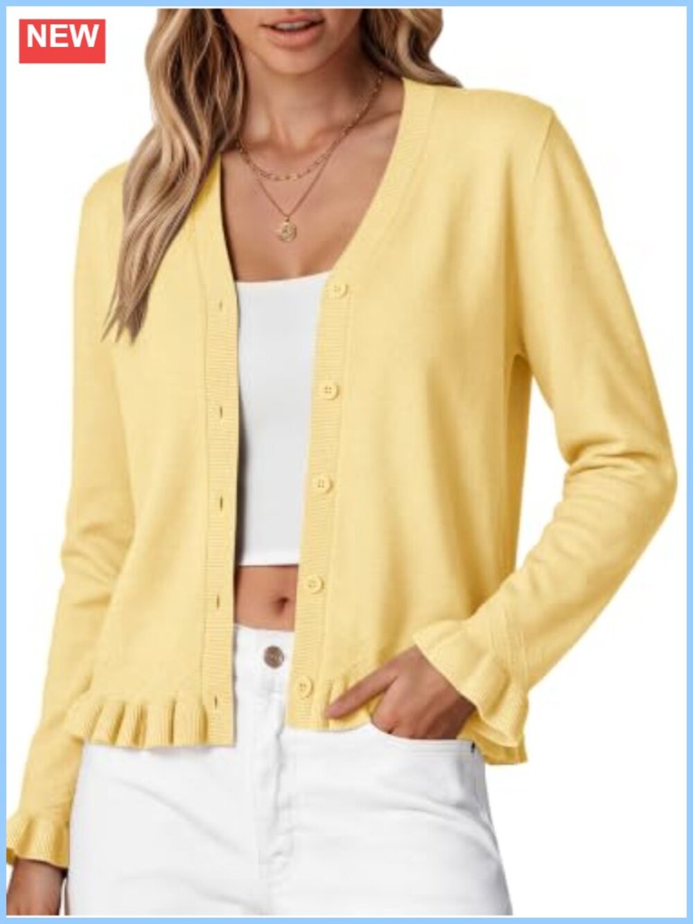 Ruffle Cropped Cardigan V-Neck Button Long Sleeve Dressy Casual